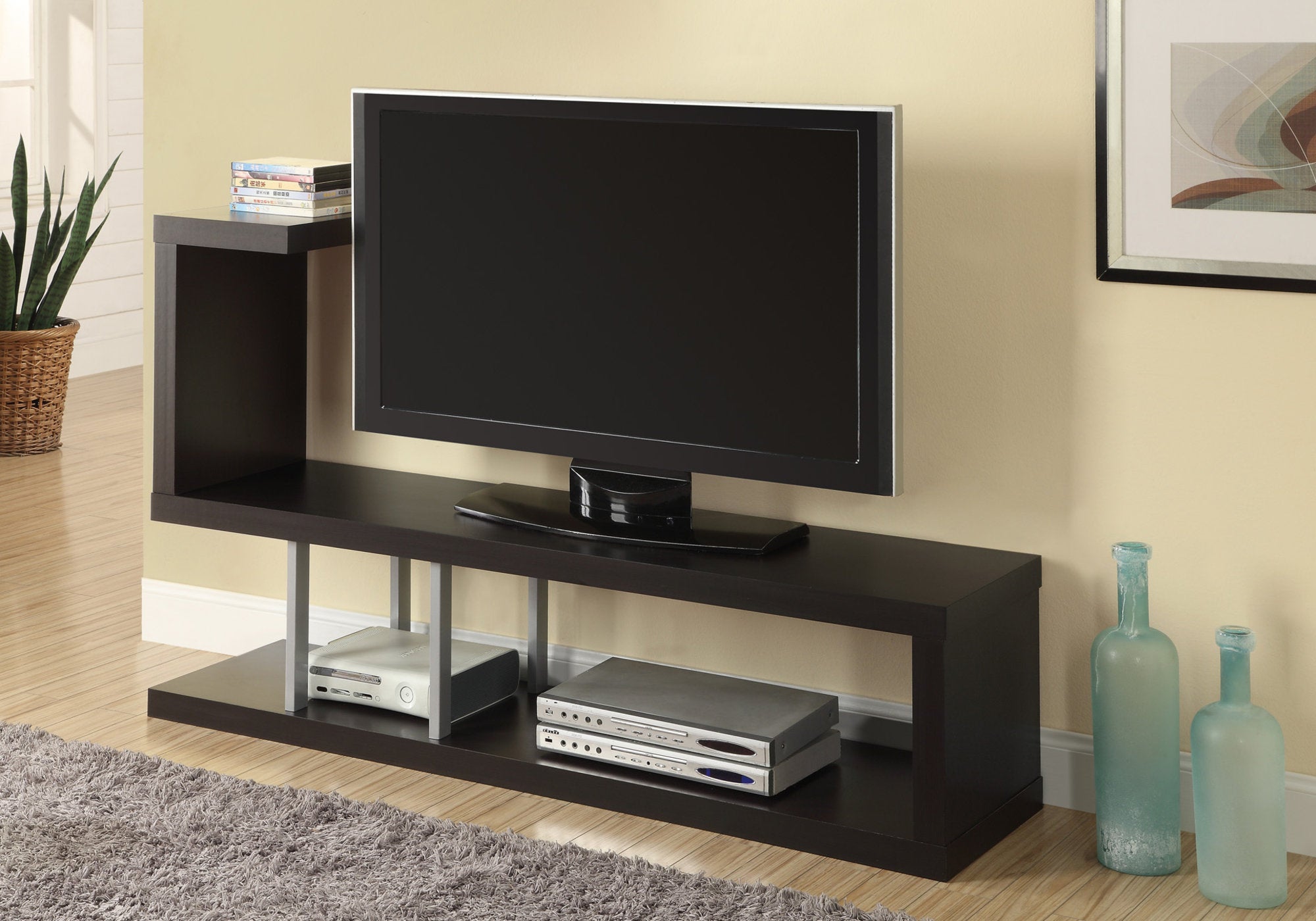 35.25" Cappuccino Particle Board Hollow Core And Silver Metal TV Stand