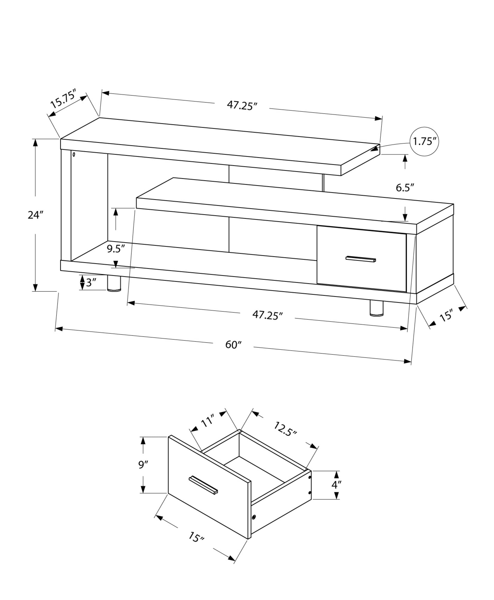 15.75" X 60" X 24" White Silver Particle Board Hollow Core Metal TV Stand With A Drawer