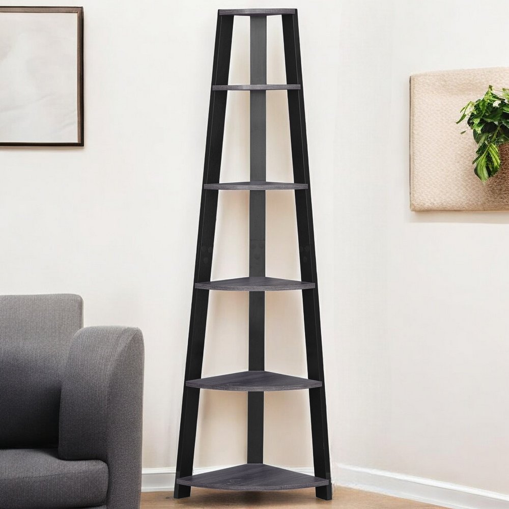 71" Gray Wood Five Tier Corner Bookcase