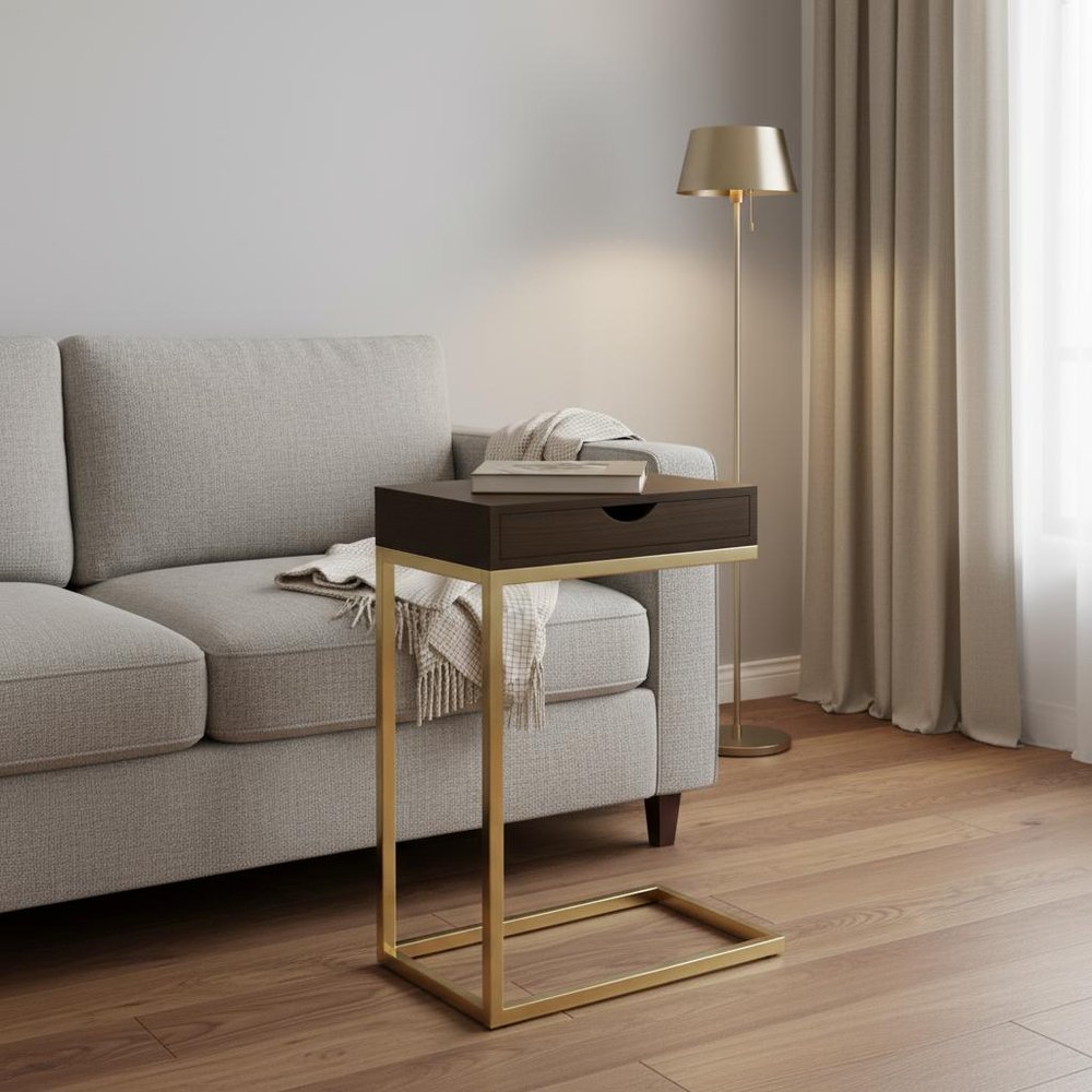 10.25" X 15.75" X 24.5" Cappuccino Finish And Gold Laminated Drawer Accent Table