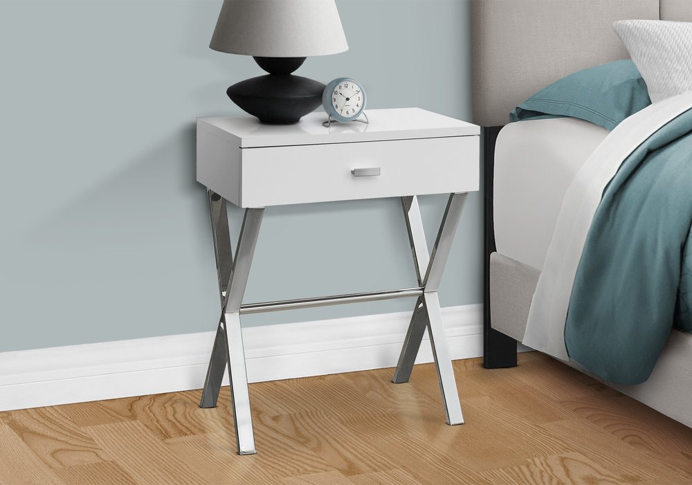 22" Silver And White Wood And Metal End Table With Drawer