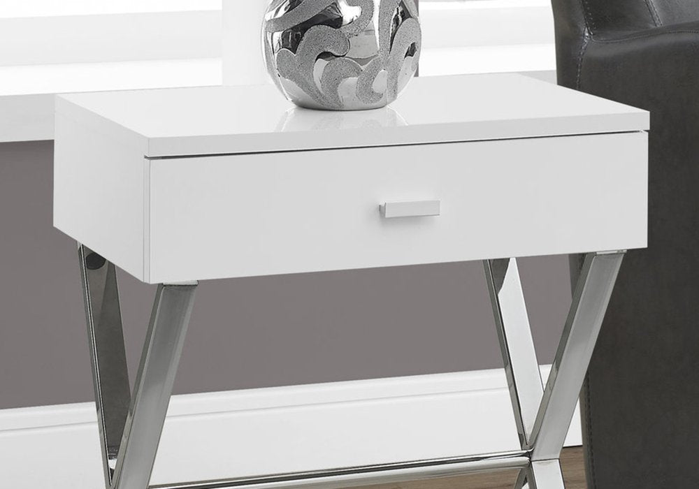 22" Silver And White Wood And Metal End Table With Drawer