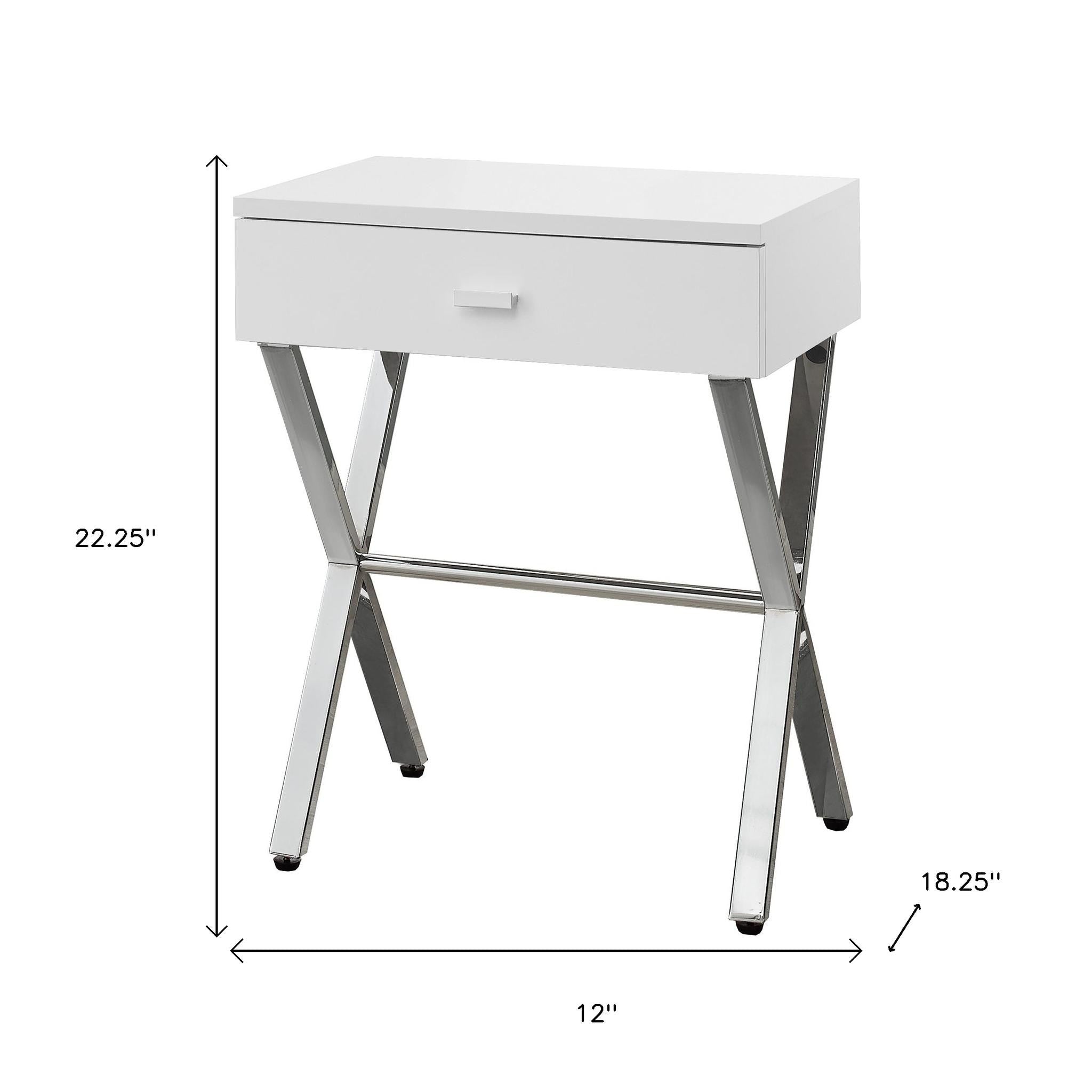 22" Silver And White Wood And Metal End Table With Drawer