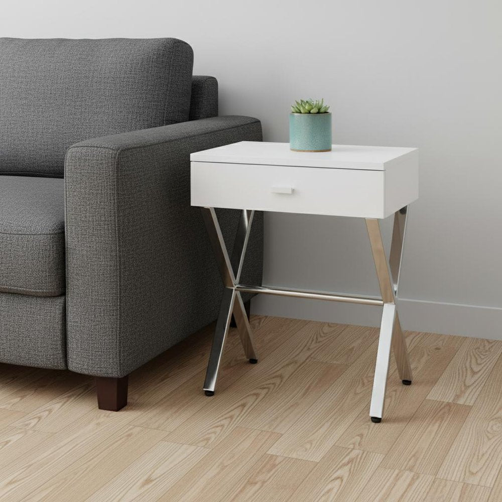 22" Silver And White Wood And Metal End Table With Drawer