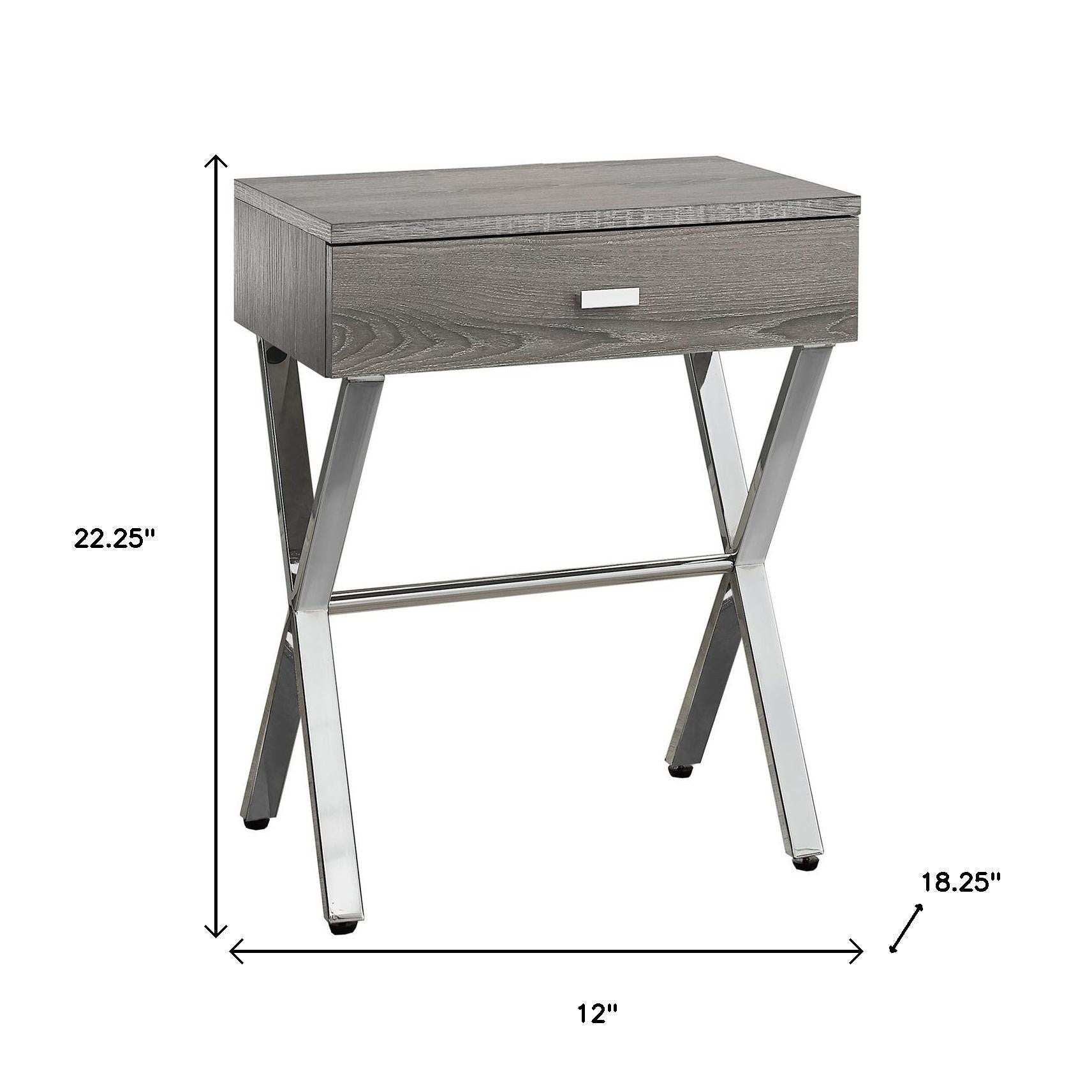 22" Silver And White Wood And Metal End Table With Drawer