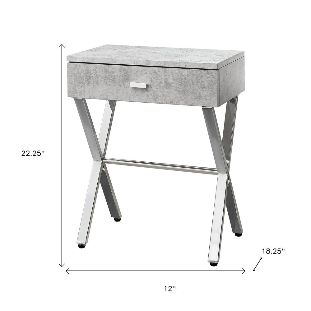22" Silver And White Wood And Metal End Table With Drawer