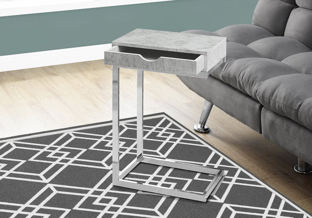 10.25" X 15.75" X 24.5" Grey Finish Drawer And Black Metal Accent Table