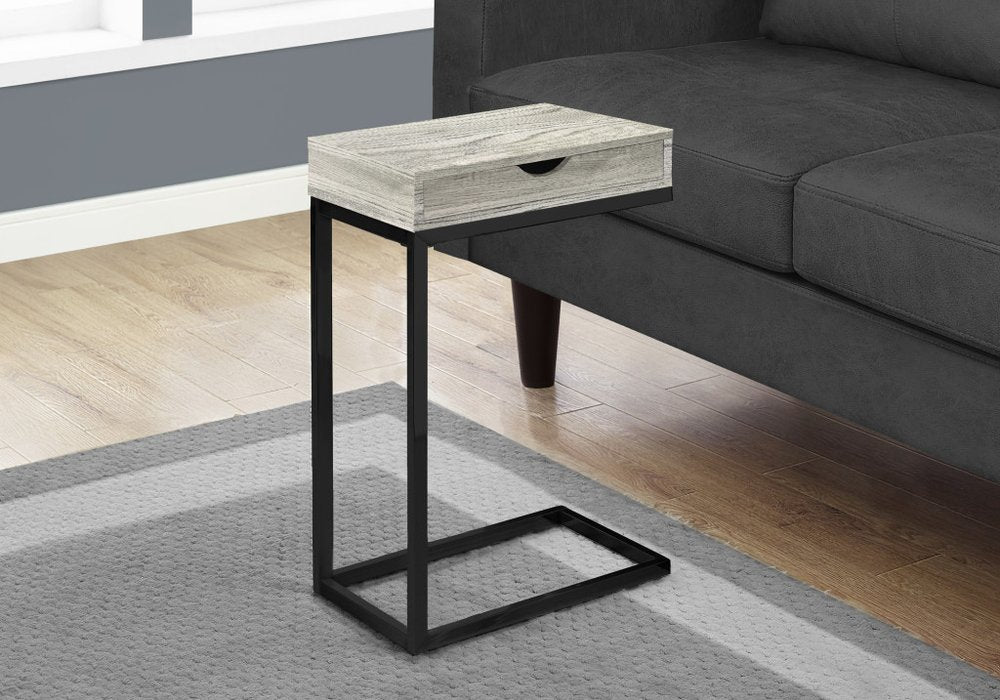 10.25" X 15.75" X 24.5" Grey Finish Drawer And Black Metal Accent Table