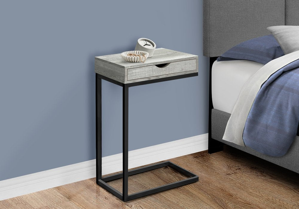 10.25" X 15.75" X 24.5" Grey Finish Drawer And Black Metal Accent Table