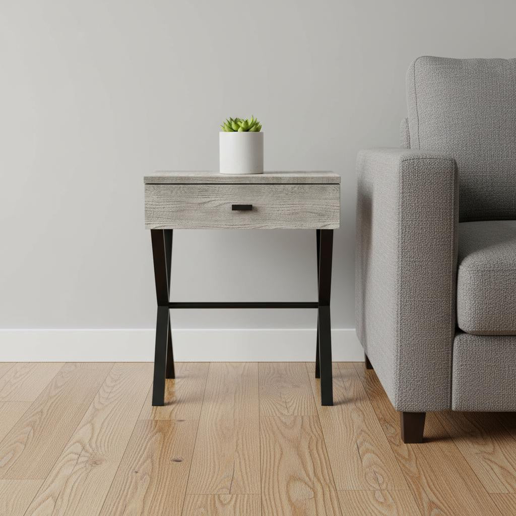 22" Silver And White Wood And Metal End Table With Drawer