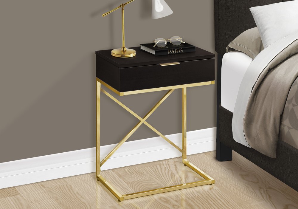 24" Gold And Black Wood And Metal End Table With Drawer