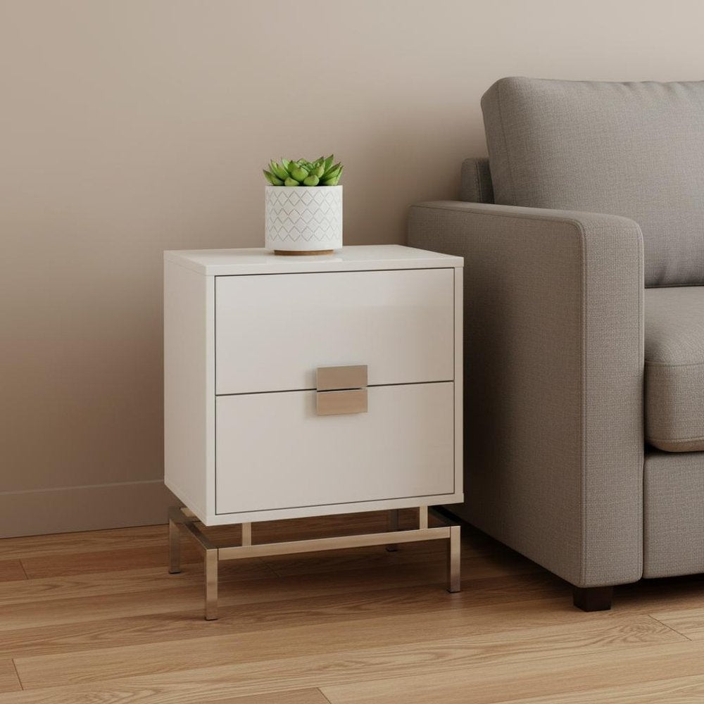 24" Gold And Beige End Table With Two Drawers