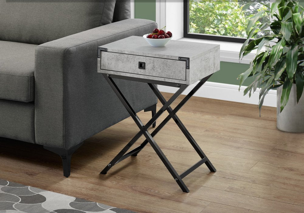 24" Silver And Deep Taupe Wood And Metal End Table With Drawer