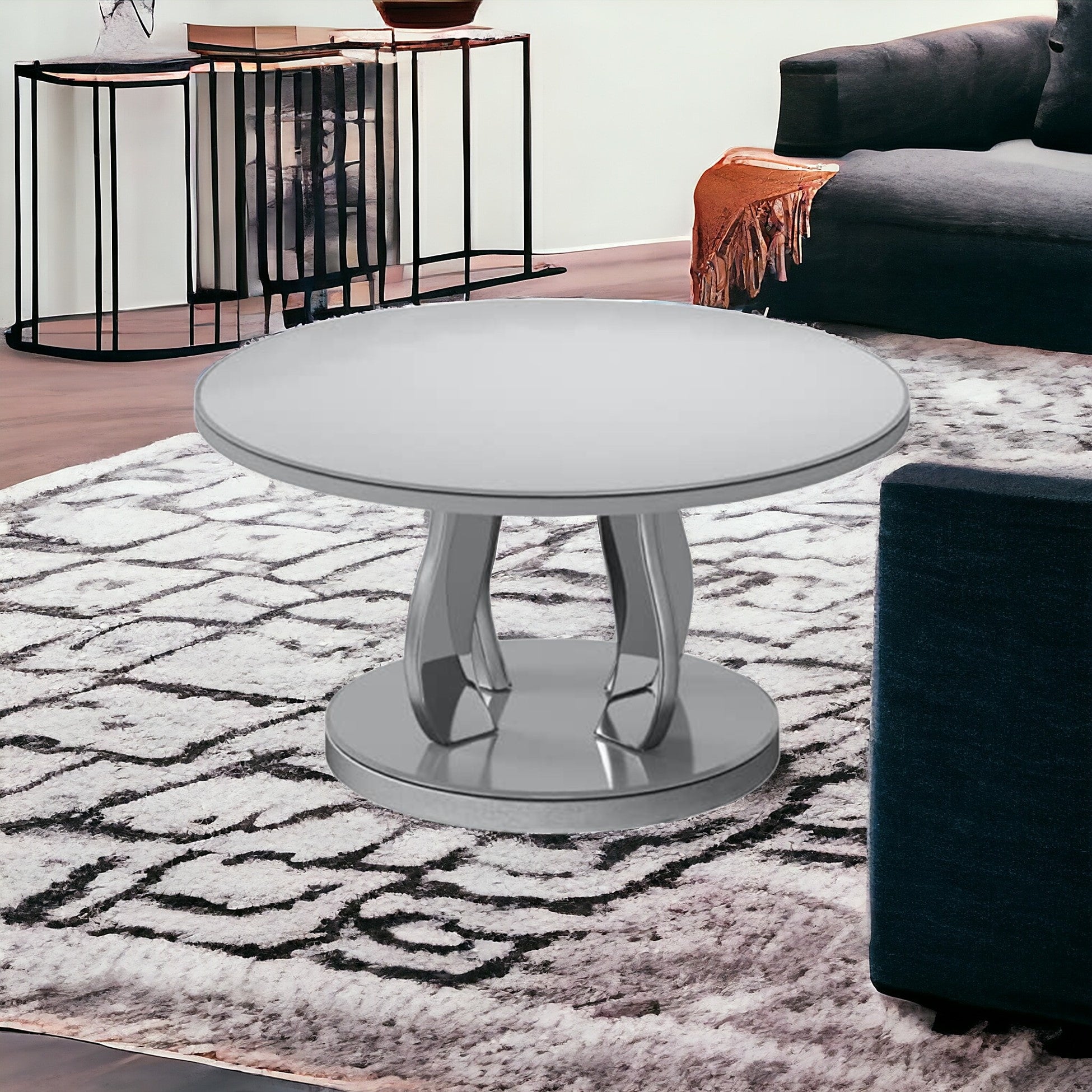 36" Silver Mirrored Round Mirrored Coffee Table
