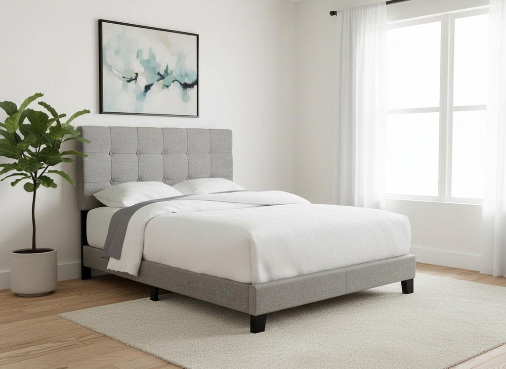Gray Solid and Manufactured Wood Full Upholstered Linen Bed Frame