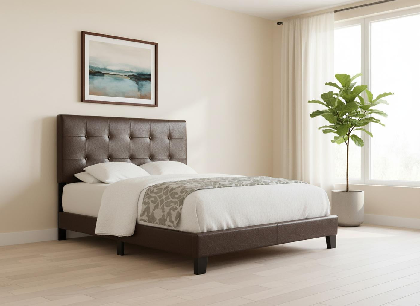 Brown Solid and Manufactured Wood Full Upholstered Faux Leather Bed Frame