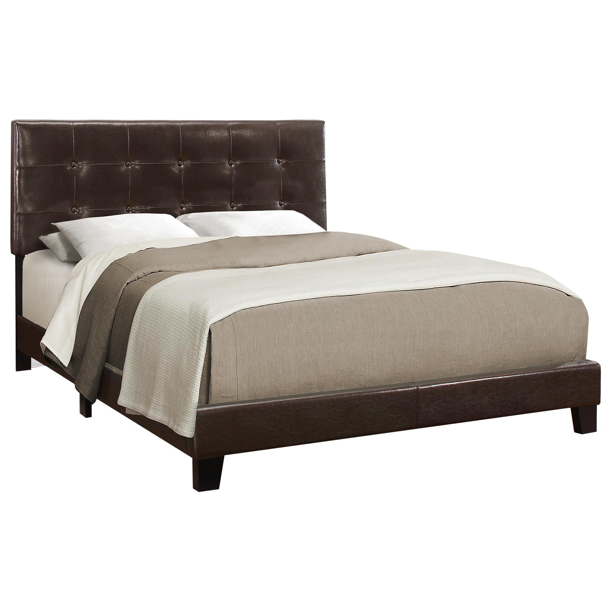 Dark Brown Solid Wood Queen Tufted Upholstered Linen Bed Frame with Nailhead Trim
