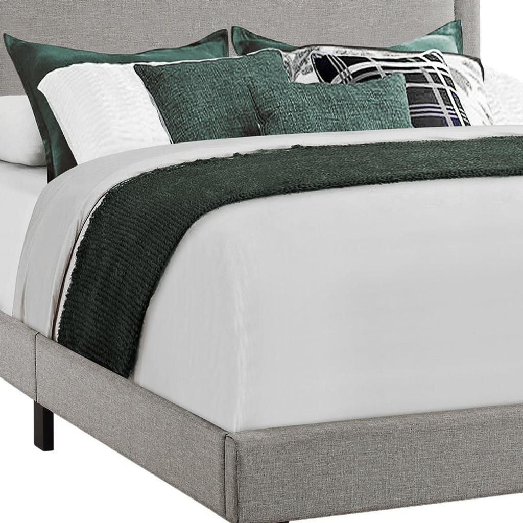 Gray Solid Wood Queen Upholstered Linen Bed Frame with Nailhead Trim