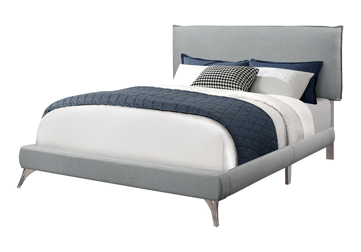 Gray Solid Wood Queen Upholstered Linen Bed Frame with Nailhead Trim