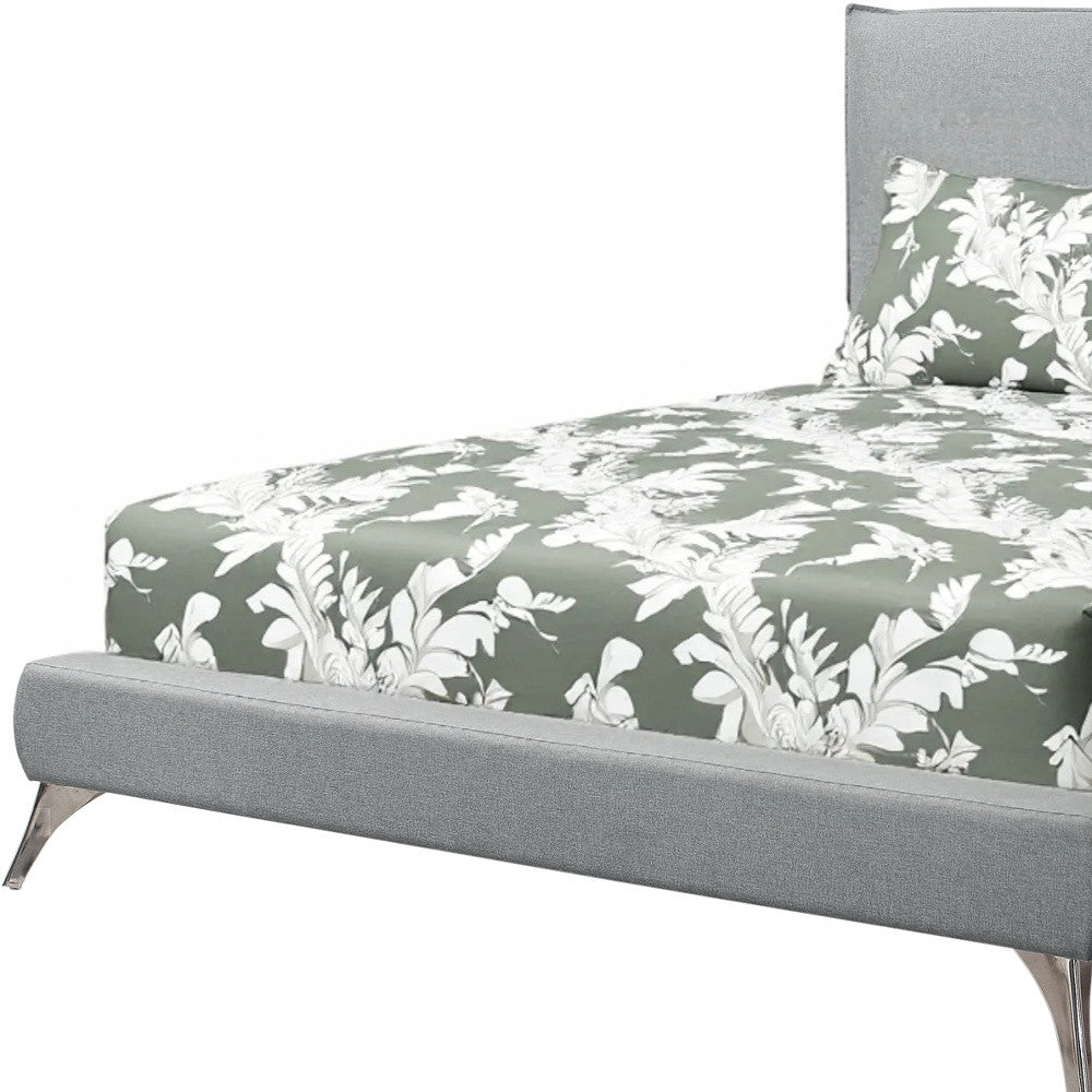 Gray Solid Wood Queen Upholstered Linen Bed Frame with Nailhead Trim