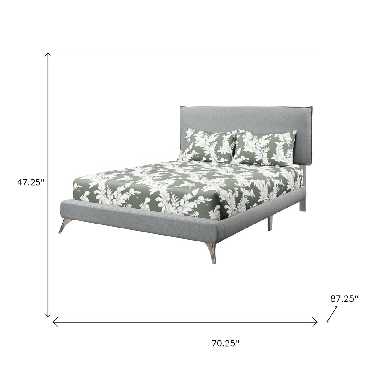 Gray Solid Wood Queen Upholstered Linen Bed Frame with Nailhead Trim