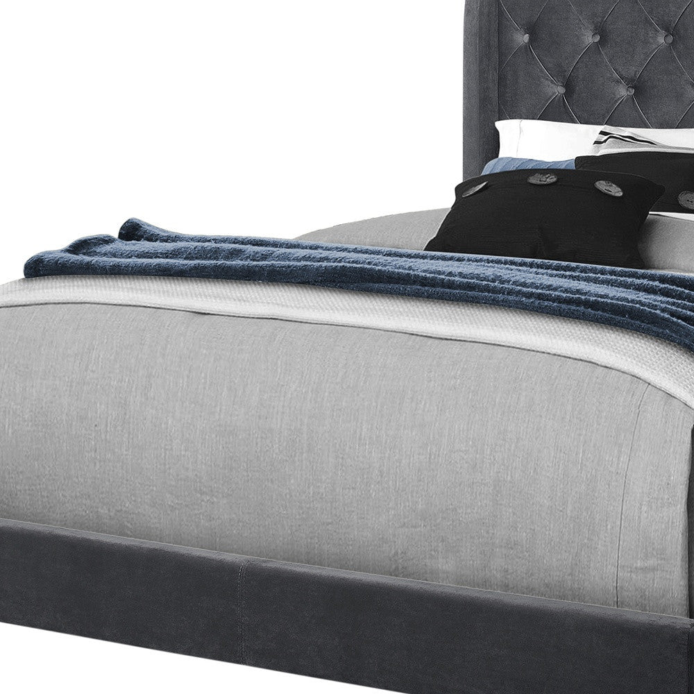 Dark Gray Wood And Tufted Velvet Queen Bed Frame