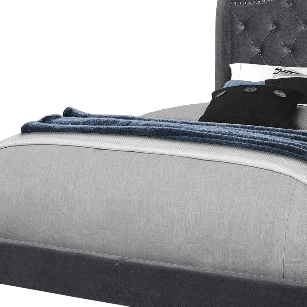 Dark Gray Wood And Tufted Velvet Queen Bed Frame
