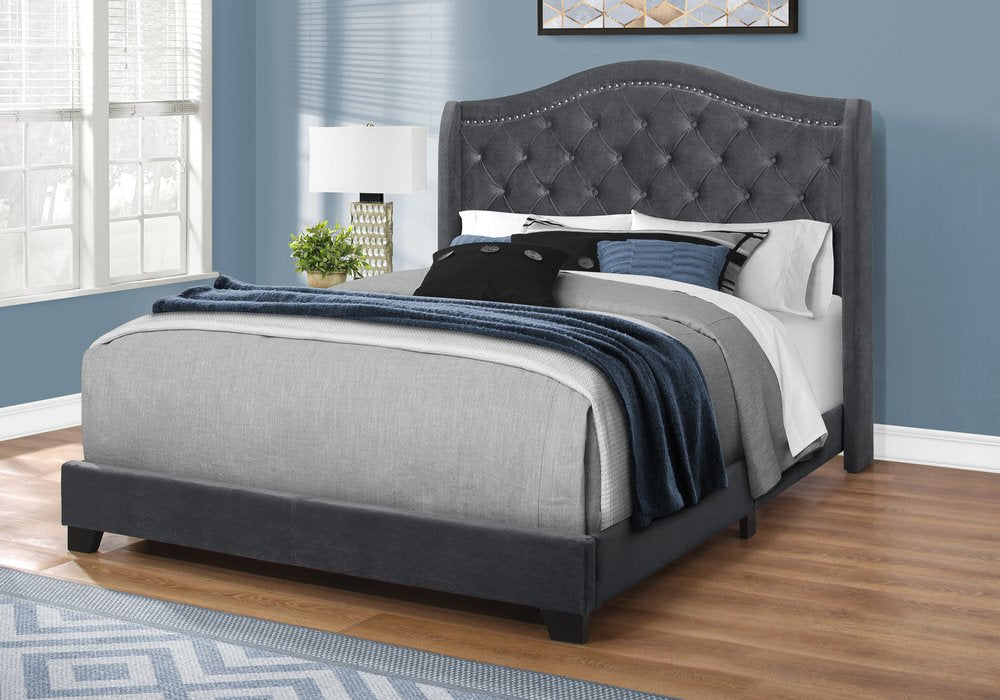 Light Gray and Gray Wood Tufted Upholstered Queen Bed Frame with Nailhead Trim