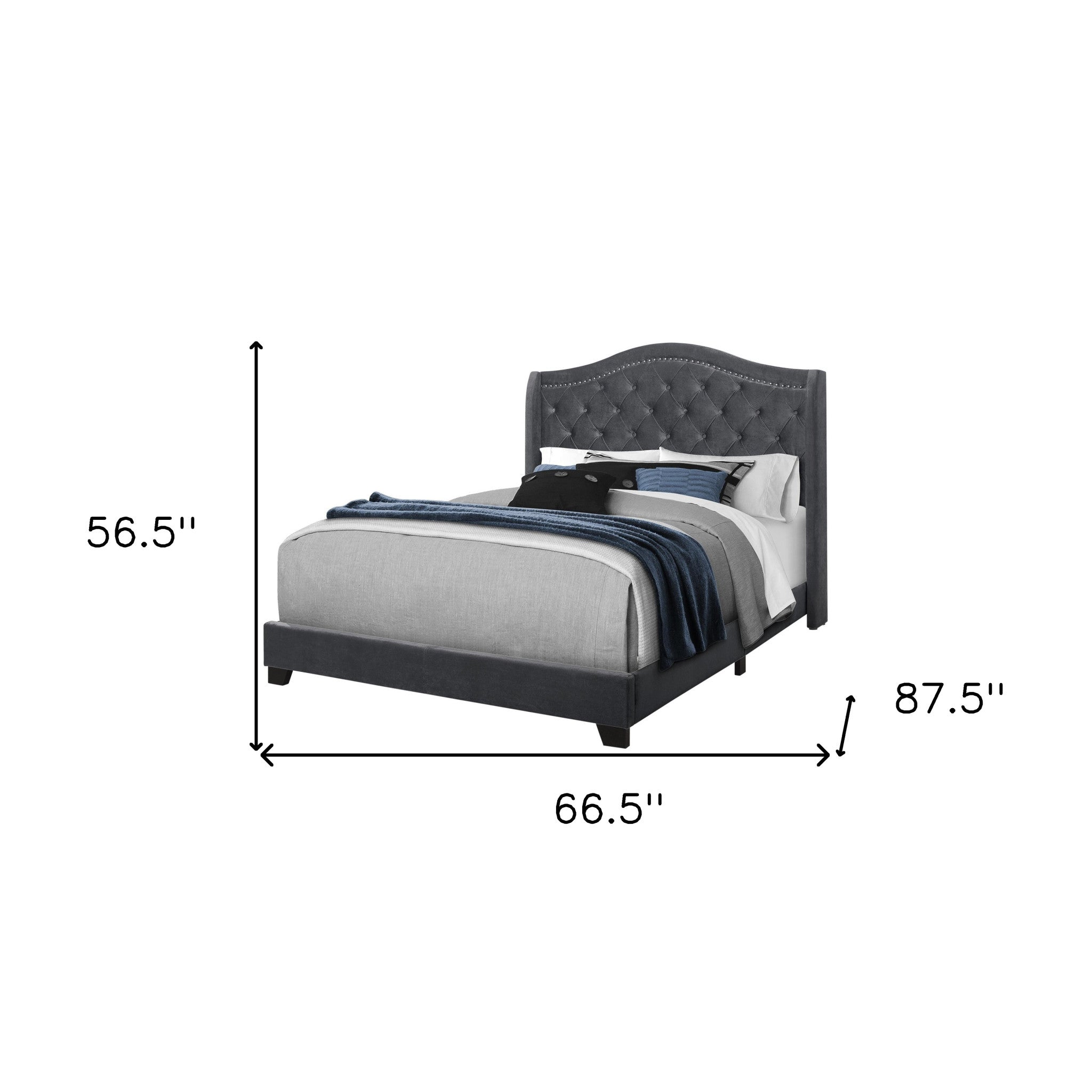 Dark Gray Wood And Tufted Velvet Queen Bed Frame