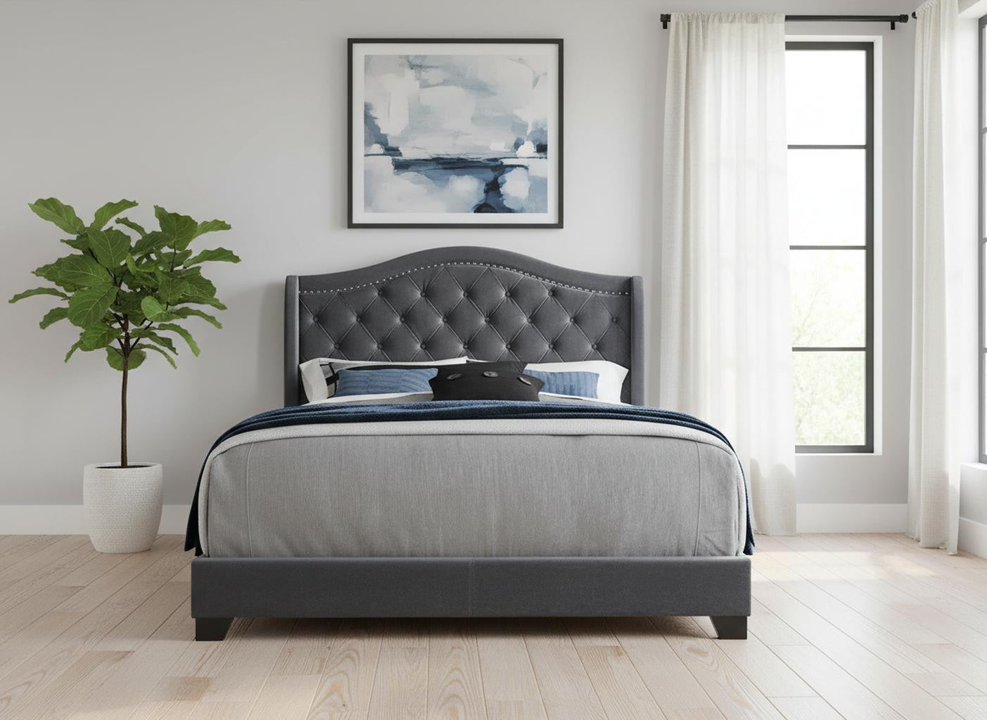 Dark Gray Wood And Tufted Velvet Queen Bed Frame