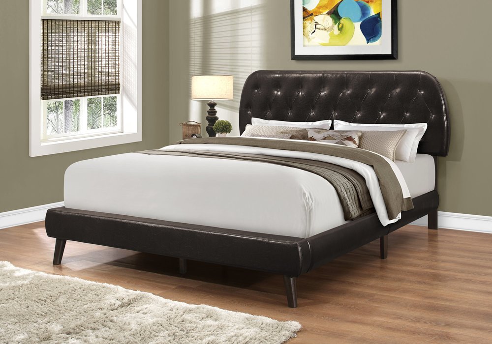 Brown Queen Tufted Upholstered Faux Leather Bed Frame