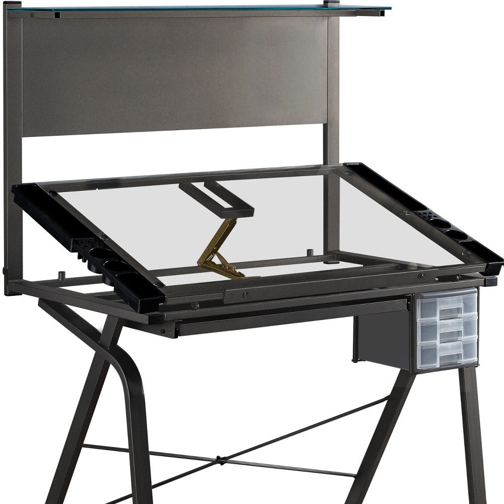 26" Adjustable Clear and Gray Glass Drafting Table With Three Drawers