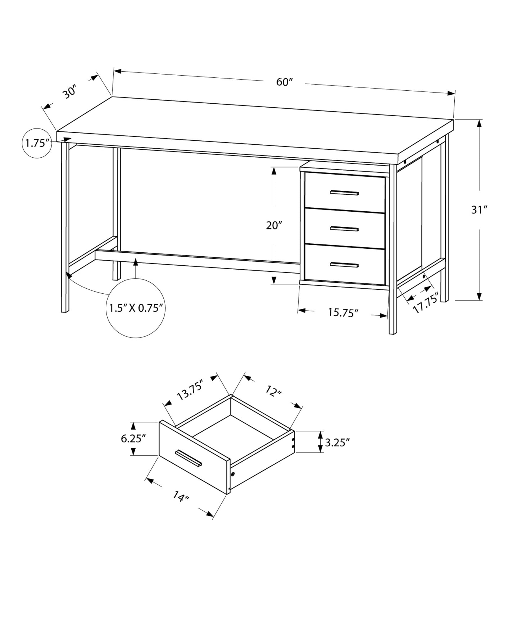 30" White and Gray Computer Desk With Three Drawers