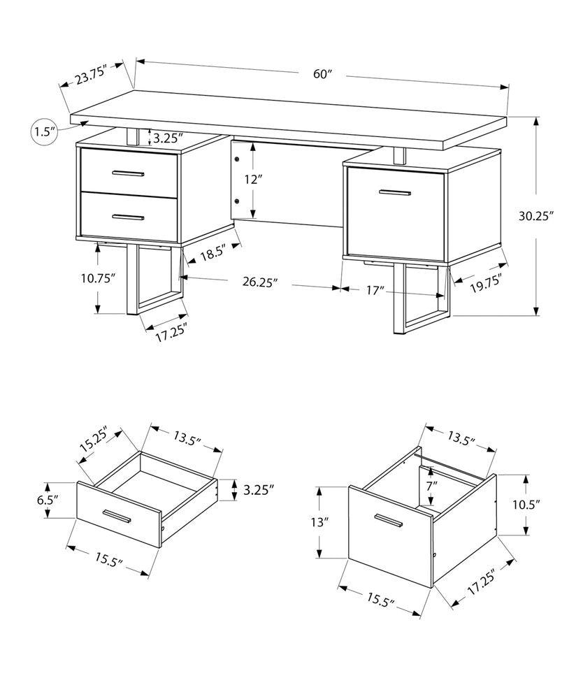 60" Brown and Silver Computer Desk With Three Drawers