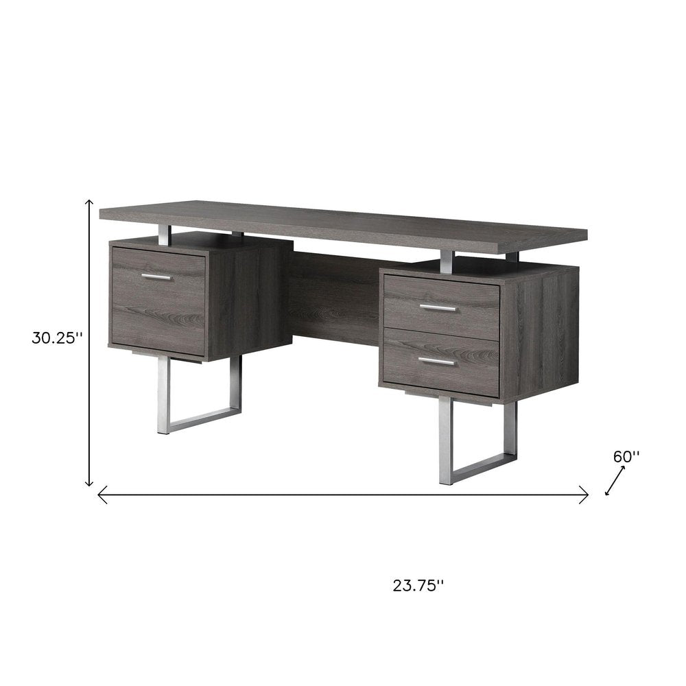 24" Brown and Silver Computer Desk With Three Drawers