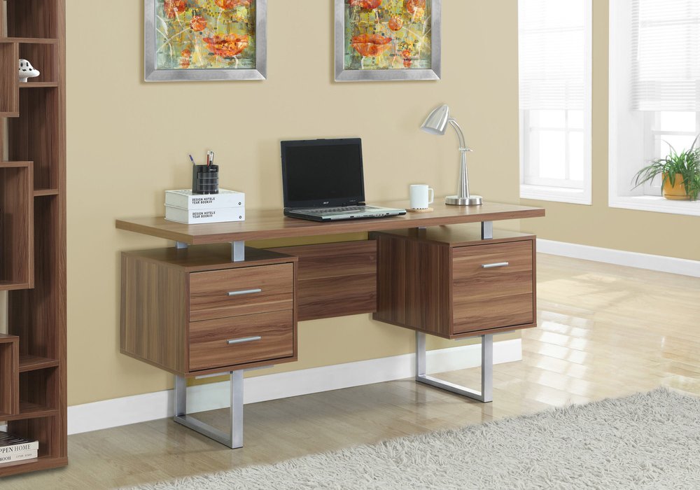 24" Brown and Silver Computer Desk With Three Drawers