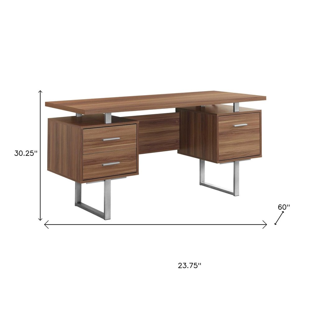 24" Brown and Silver Computer Desk With Three Drawers
