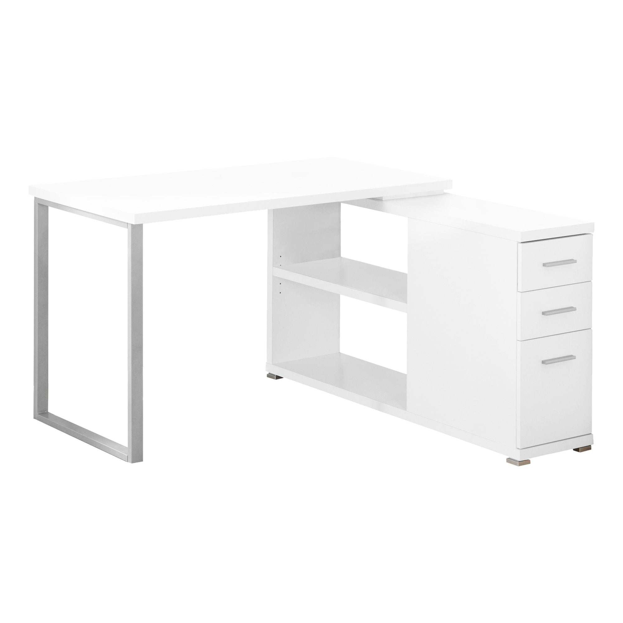 47" White and Silver L Shape Computer Desk With Three Drawers