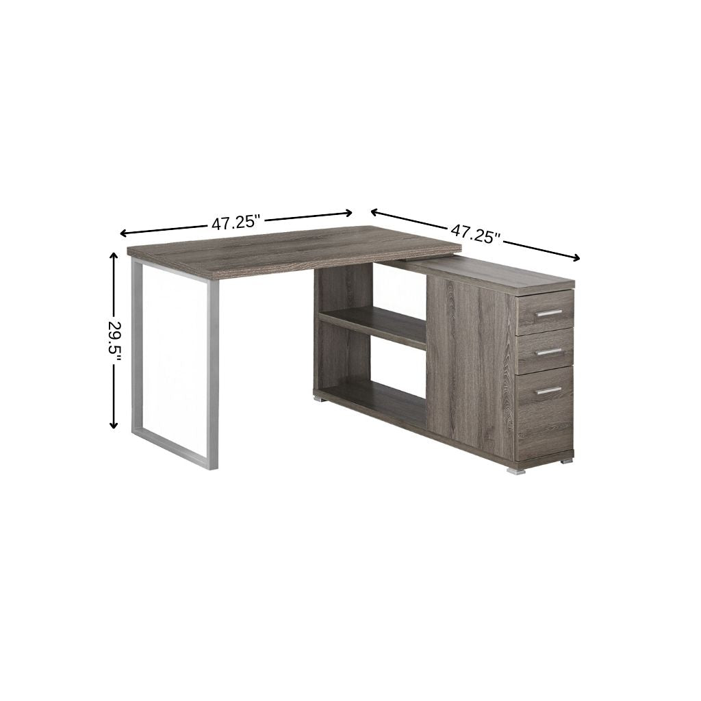 47" Taupe and Silver L Shape Computer Desk With Three Drawers