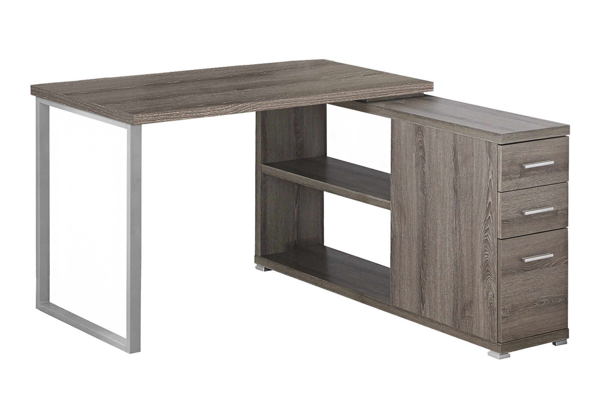 47" Taupe and Silver L Shape Computer Desk With Three Drawers
