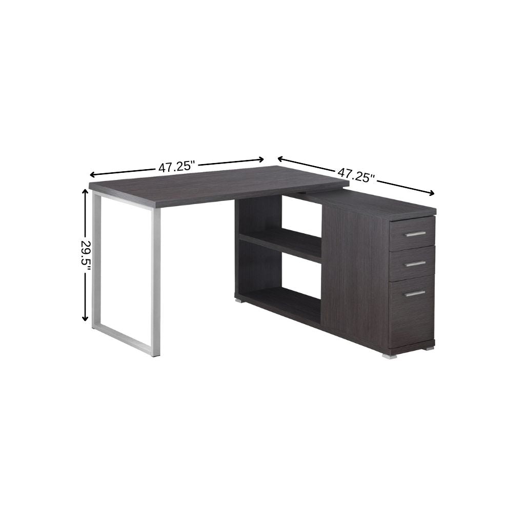 47" Gray and Silver L Shape Computer Desk With Three Drawers