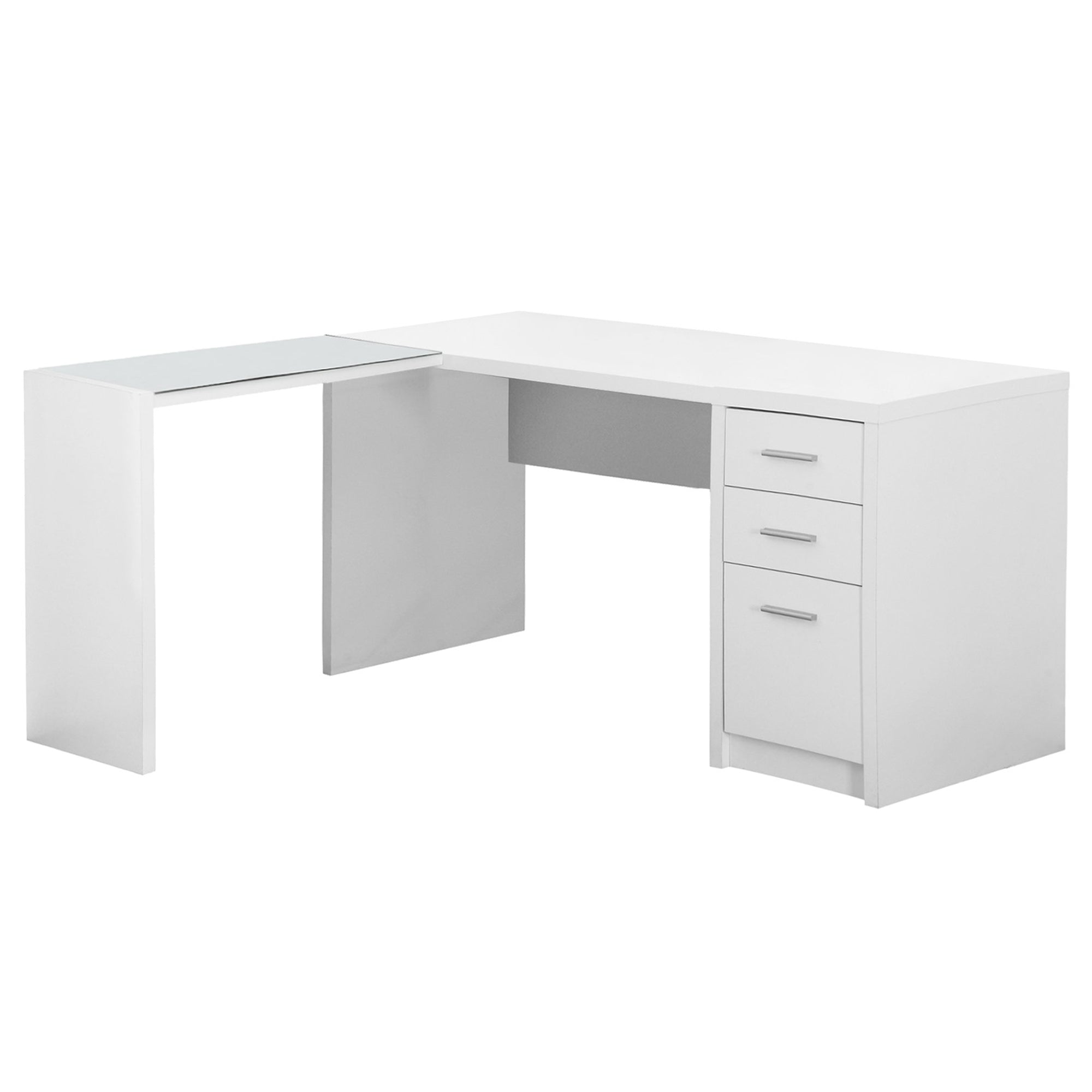 55" White Glass L Shape Computer Desk With Three Drawers