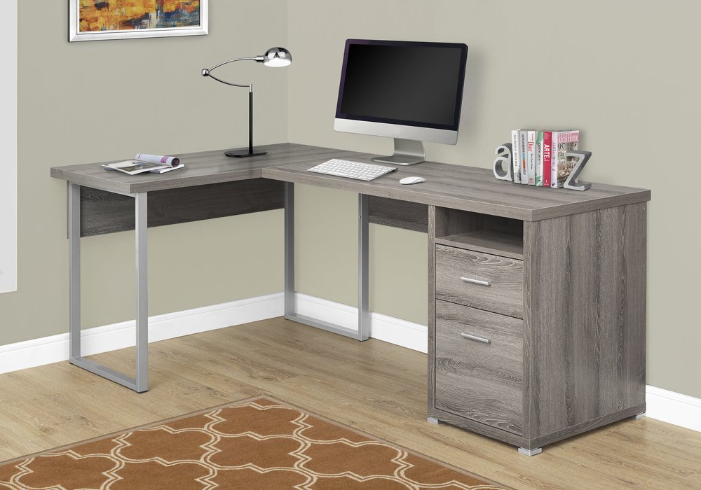 47" Taupe and Silver L Shape Computer Desk With Two Drawers