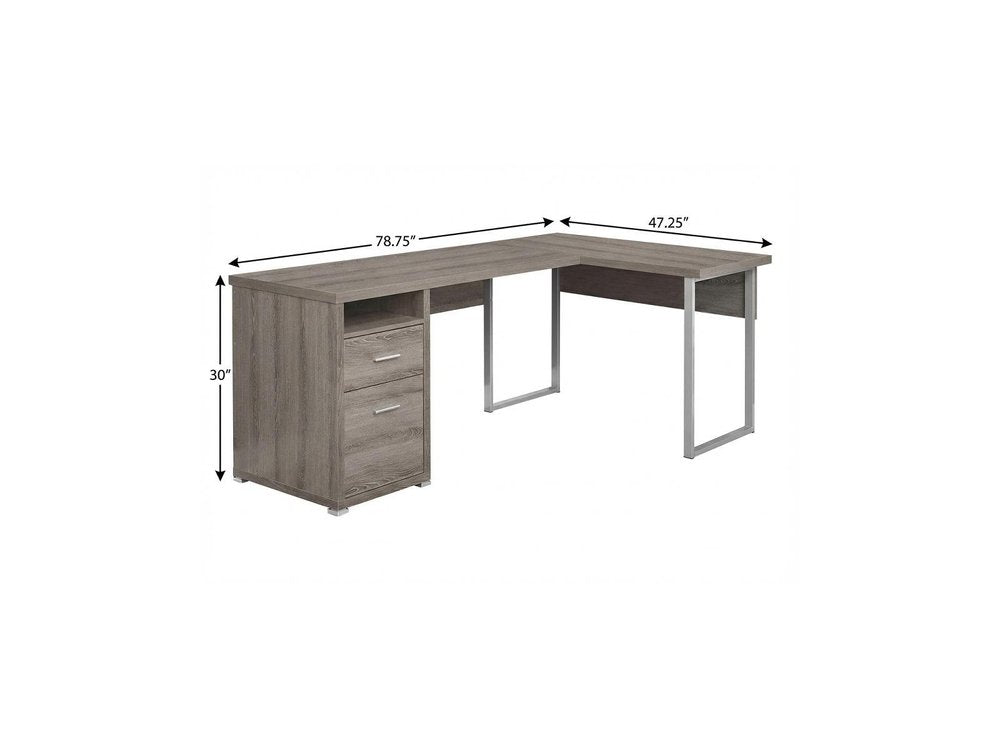 79" Taupe and Silver L Shape Computer Desk With Two Drawers