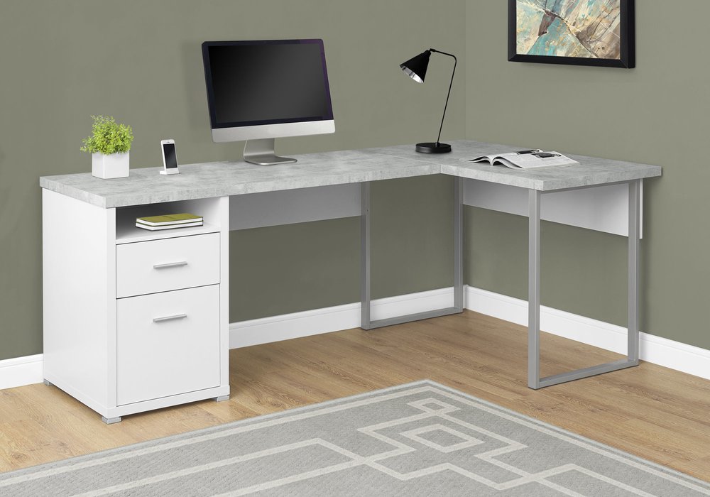 47" Taupe and Silver L Shape Computer Desk With Two Drawers