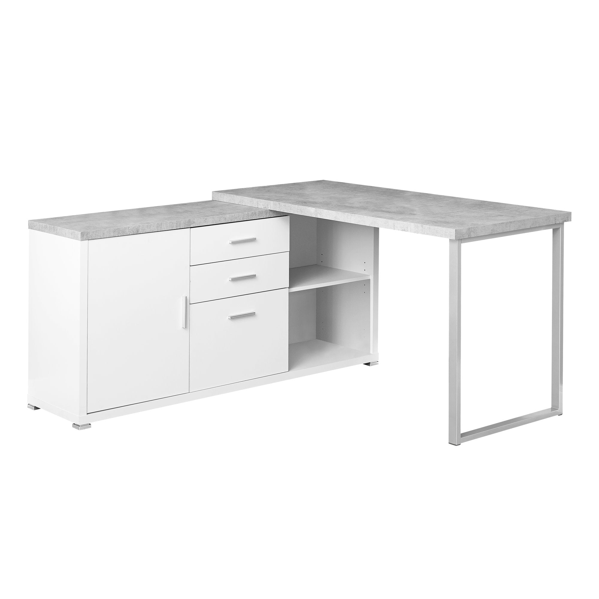 57" Gray and Silver L Shape Computer Desk With Three Drawers