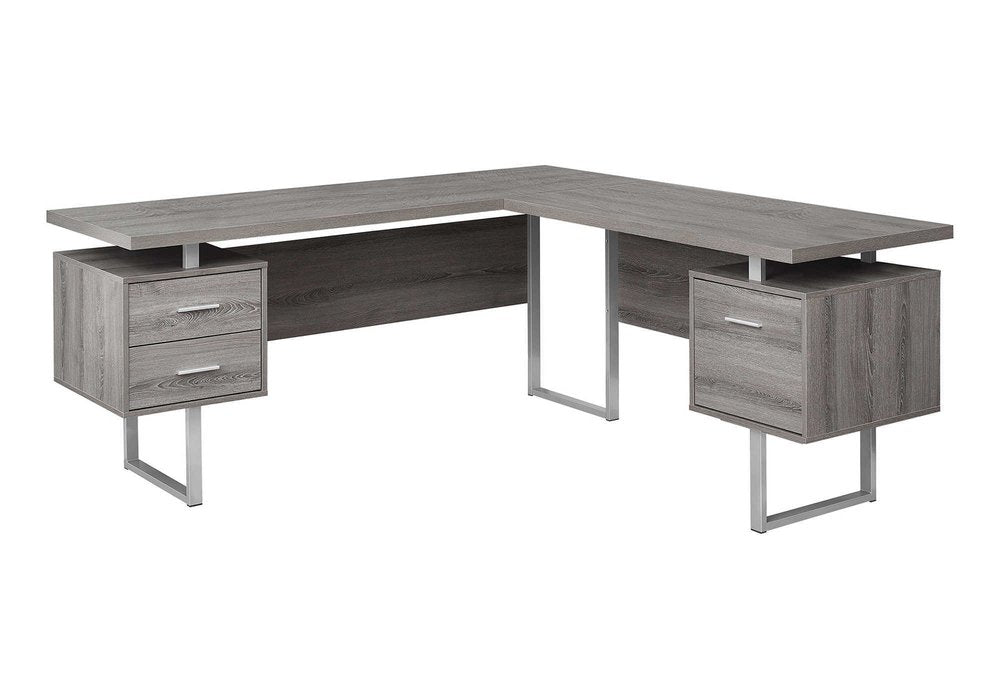 71" Gray and Silver L Shape Computer Desk With Three Drawers
