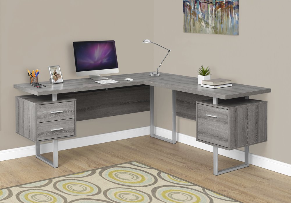 71" Taupe and Silver L Shape Computer Desk With Three Drawers