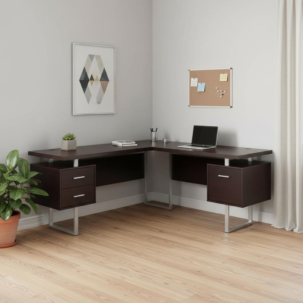 71" Taupe and Silver L Shape Computer Desk With Three Drawers
