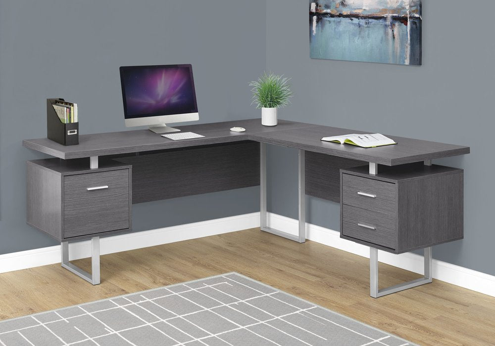 71" Taupe and Silver L Shape Computer Desk With Three Drawers